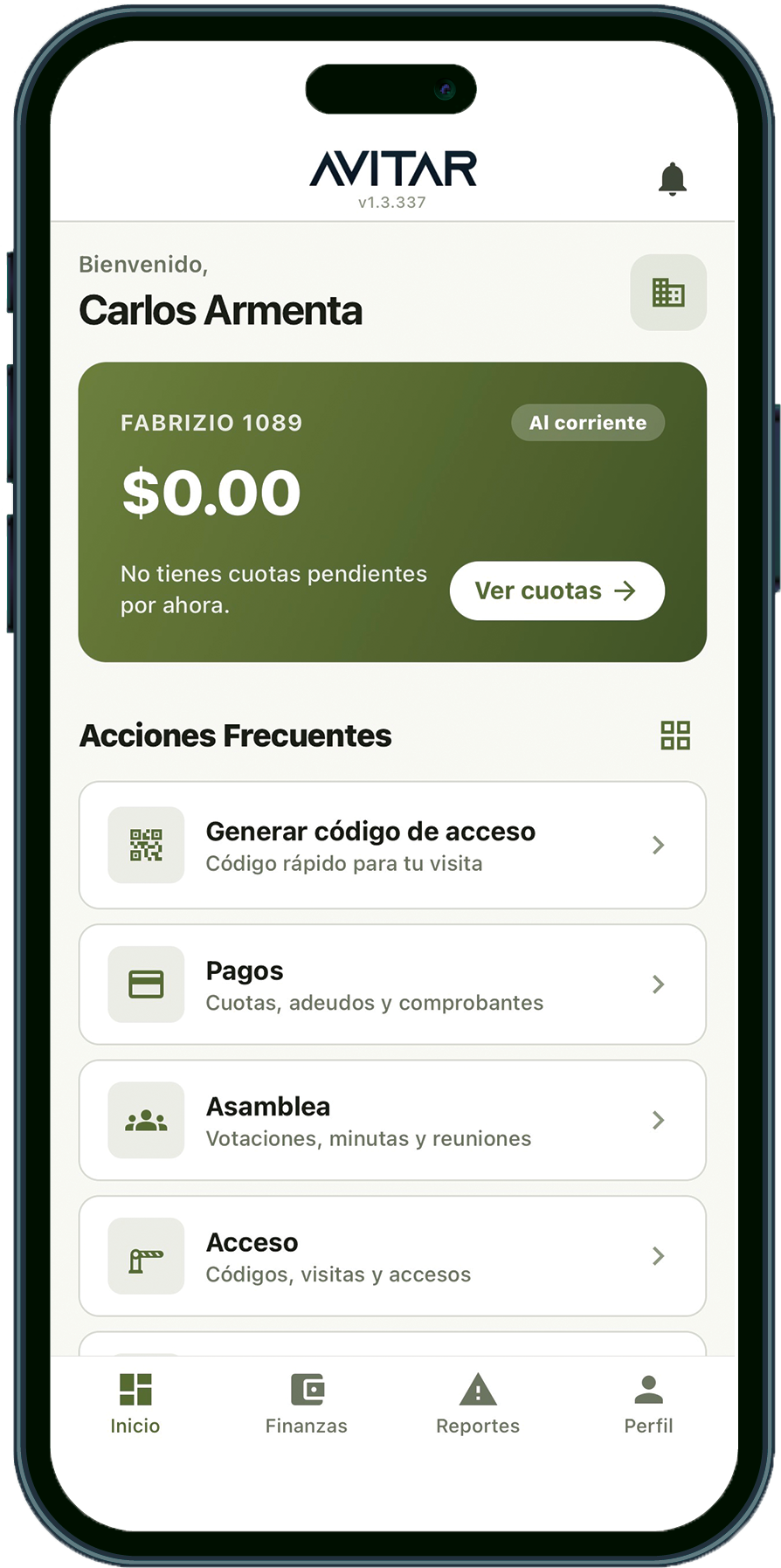 Pantalla de inicio de Avitar Residencial con acciones para pagos, visitas y acceso