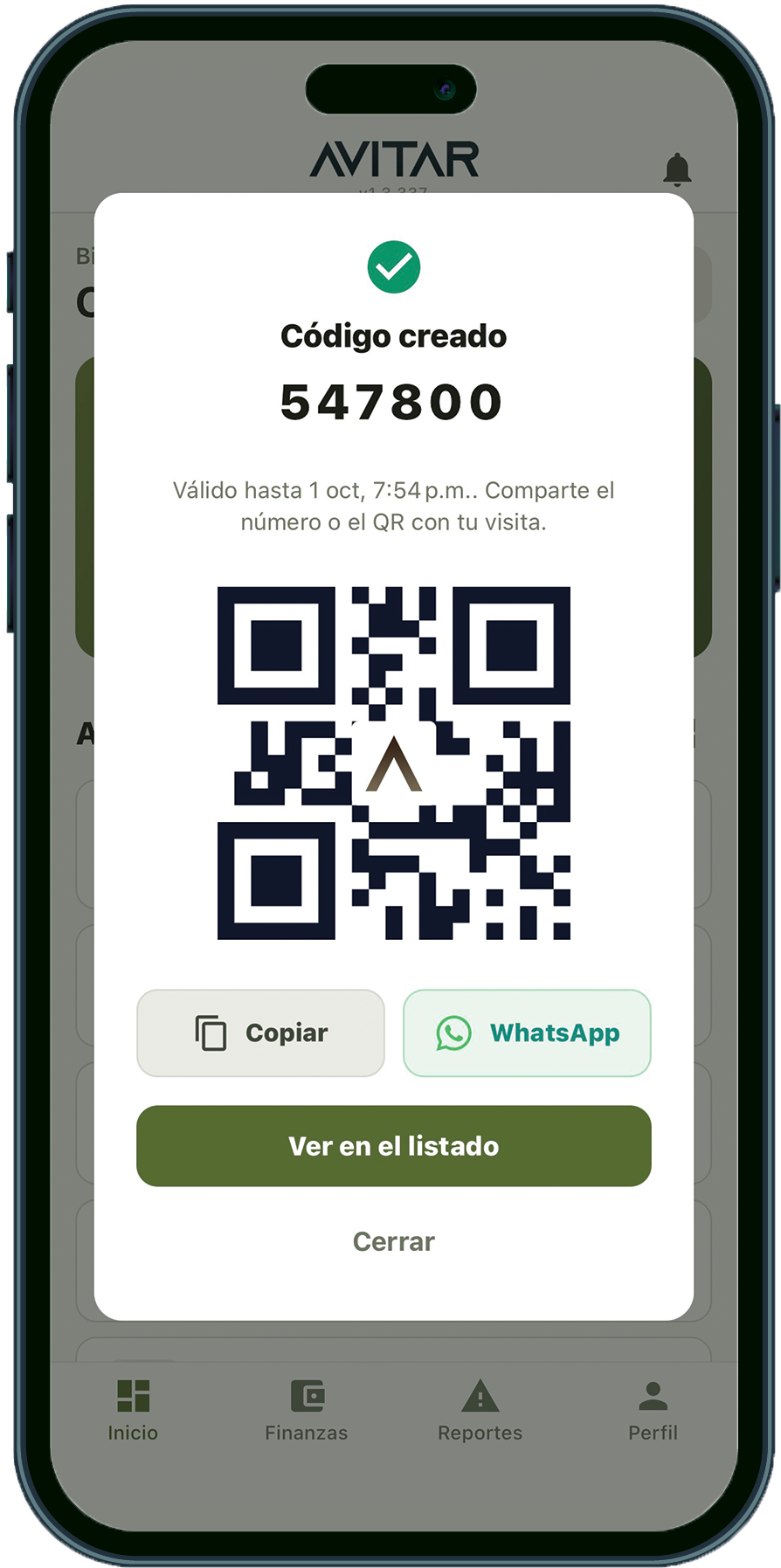 Código y código QR de visita generados en Avitar Residencial para compartir con invitados